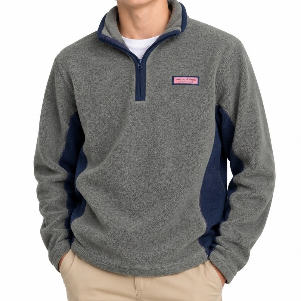 Vineyard Vines Size L 16-18 Fleece Pullover Grey Navy Quarter Zip Preppy 300004